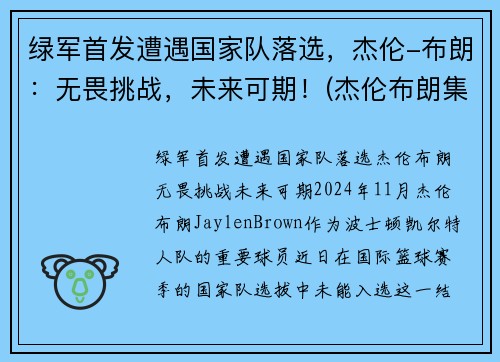 绿军首发遭遇国家队落选，杰伦-布朗：无畏挑战，未来可期！(杰伦布朗集锦)
