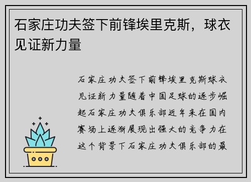 石家庄功夫签下前锋埃里克斯，球衣见证新力量