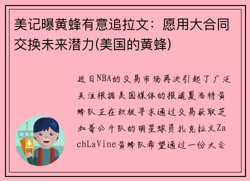 美记曝黄蜂有意追拉文：愿用大合同交换未来潜力(美国的黄蜂)
