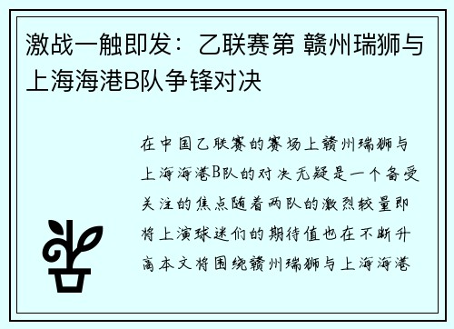 激战一触即发：乙联赛第 赣州瑞狮与上海海港B队争锋对决