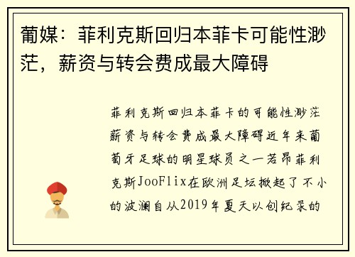 葡媒：菲利克斯回归本菲卡可能性渺茫，薪资与转会费成最大障碍