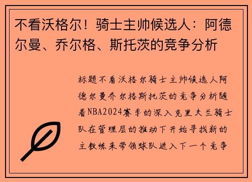 不看沃格尔！骑士主帅候选人：阿德尔曼、乔尔格、斯托茨的竞争分析