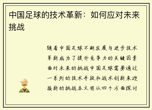 中国足球的技术革新：如何应对未来挑战
