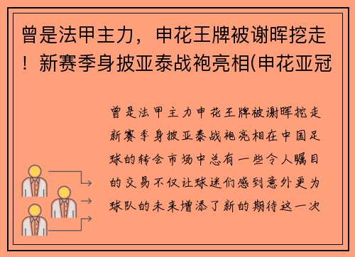 曾是法甲主力，申花王牌被谢晖挖走！新赛季身披亚泰战袍亮相(申花亚冠赛程2020赛程表转播)