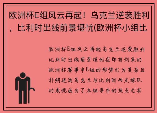 欧洲杯E组风云再起！乌克兰逆袭胜利，比利时出线前景堪忧(欧洲杯小组比利时)