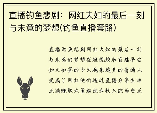 直播钓鱼悲剧：网红夫妇的最后一刻与未竟的梦想(钓鱼直播套路)
