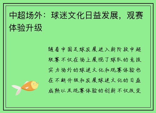 中超场外：球迷文化日益发展，观赛体验升级