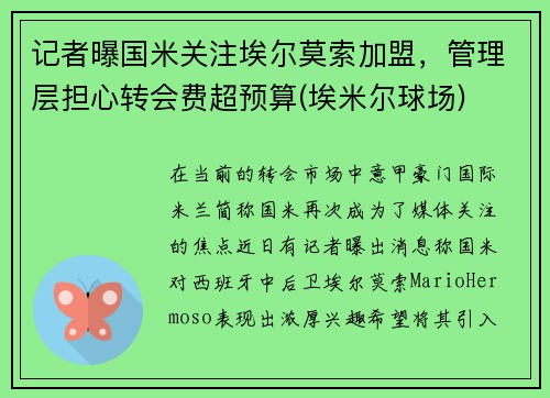 记者曝国米关注埃尔莫索加盟，管理层担心转会费超预算(埃米尔球场)